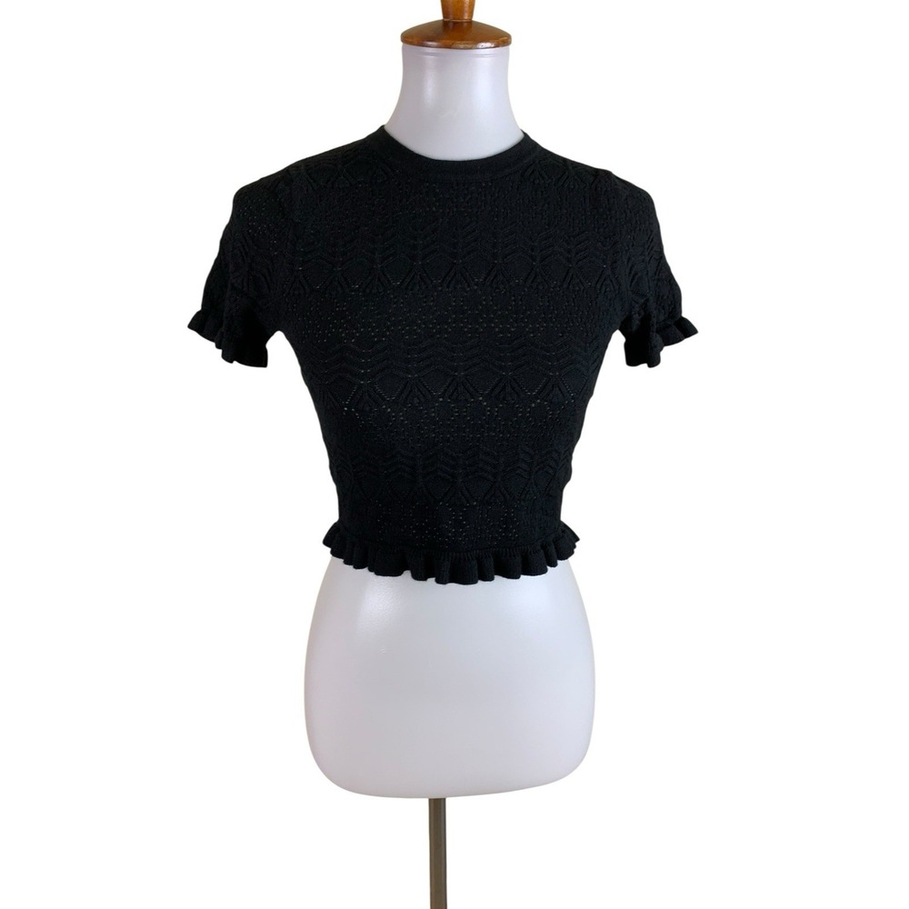 Idem Ditto Black‎ Knit Crop Top Ruffle Hem Short Sleeve Fitted S